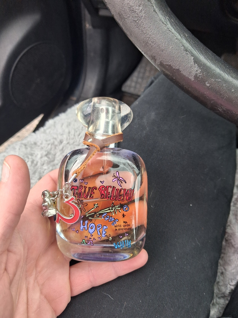 True Religion Hope Body Oil - Pink Peach Glass Bottle with Charm